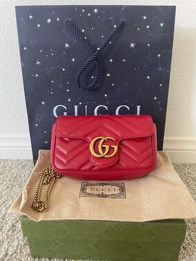 Gucci Red Matelassé GG Marmont Mini Chain Crossbody